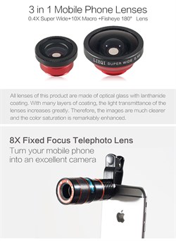 Объектив-линза Lieqi набор 4 в 1: Fisheye, Макро объектив,широкоугольная линза, телеобъектив Цвет: Красный/Синий (LQ-803) - фото 20275